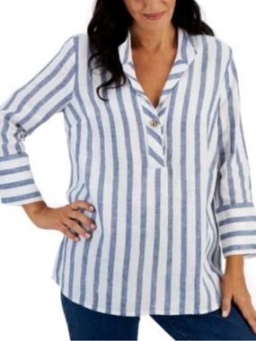 Linen Charter Club Blue and White Striped Popover Shirt